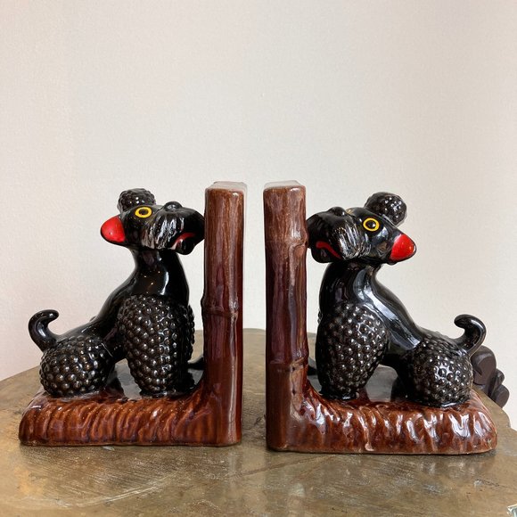 Vintage Black Poodle Bookends 1950's - MCM Kitsch High Gloss Poodles - Picture 10 of 14